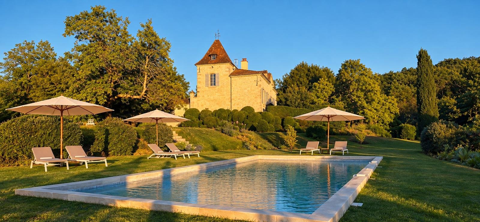 La piscine du manoir, ses parasols et transats, la tour au soleil couchant